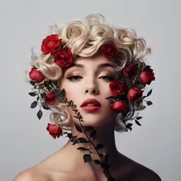 a beautiful blond woman with flowers on her head