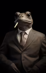 a frog wearing a suit and tie with an ashtray in his mouth