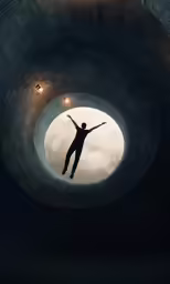 a man stands in the middle of a tunnel and reaches up into the sky