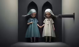 two dolls holding hands against each other as they look like they are wearing nun suits