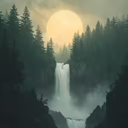 a view of a waterfall in the forest with a full moon