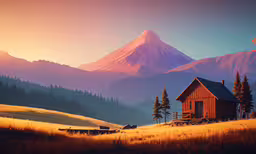 a cabin in the mountains with the sun setting,a cabin on top of a hill with mountain in background