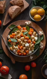 a bowl full of cut vegetables and oranges on the table