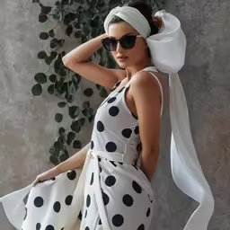 a young lady with sunglasses and a polka dotted dress