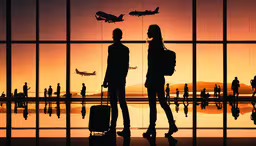 a couple at an airport with the sun setting,two people are watching an air plane flying in the sky