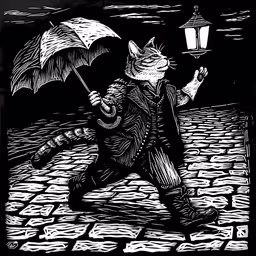 a cat is standing in the water holding an umbrella,an illustration of a cat with an umbrella walking through a rainy street