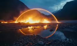 fire blazing on the ground and with mountains in the background