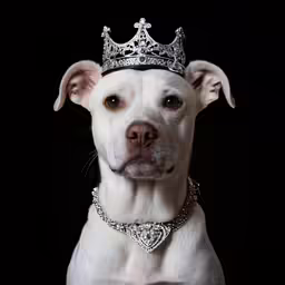 a dog in a tiara looking at the camera
