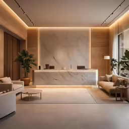 interior shot of a beautiful hotel lobby decorated in white and natural wood