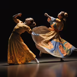 two young ladies performing in colorful and unique outfits