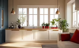 a white and blue kitchen with white cabinets
