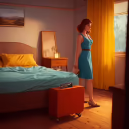 a woman is standing next to a suitcase