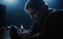 the young woman is sitting down reading her cell phone