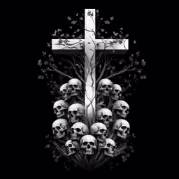 cross with many skulls in the background