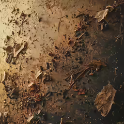 some water on the ground and leaves scattered