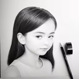 a pencil drawing of a little girl and a pen