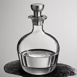 a glass bottle is sitting on a black base