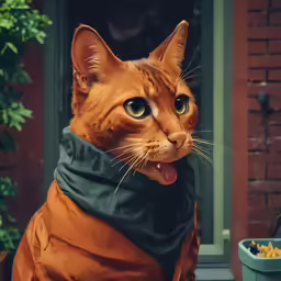 a yellow and black cat with a scarf around its neck