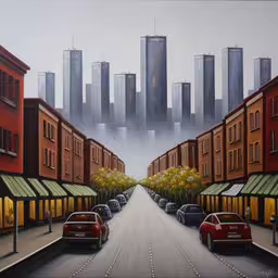 painting of a city street lined with cars