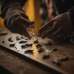 the two hands of a man working on wood