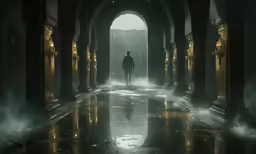 a man standing in a dark hallway near an archway