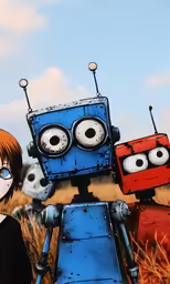 some little robot figurines standing in some tall grass