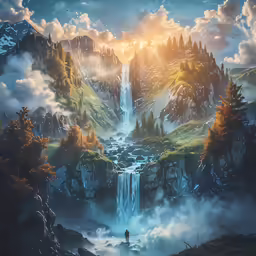 a digital painting of some sort of forest and waterfall