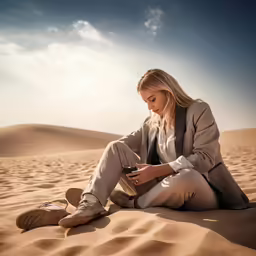 a woman sitting in the desert and looking at her cellphone