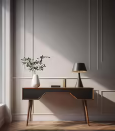 the modern style console table has two lamps next to it
