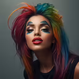 a woman with crazy makeup looks into the distance