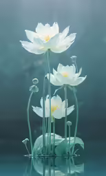 a trio of white flowers floating on top of water