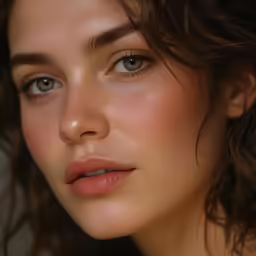 a beautiful woman with long brown hair looking into the camera