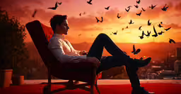 man sitting on an orange chair and birds flying overhead,a man sitting on a red chair with birds in the air