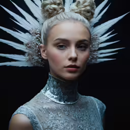 a woman in an elaborate headdress, which resembles feathers