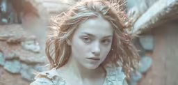 a young woman with flowing hair is looking ahead
