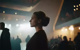 a woman in dark clothing is looking away from another woman