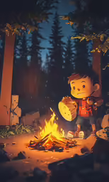 a stuffed monkey sits next to a campfire