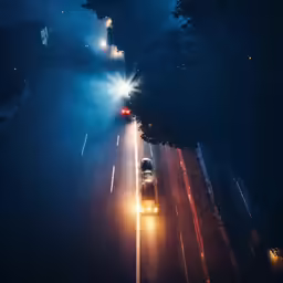 a car that is driving down the road with its headlights on