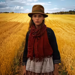 a young girl is standing in front of an open wheat field