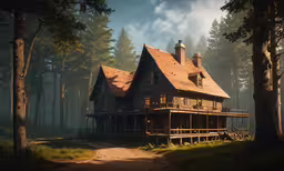 an old house with a red roof in the woods,a painting of an old, large house in a forest
