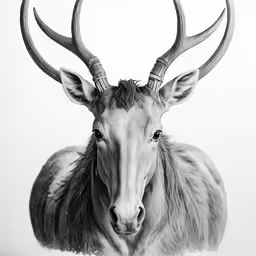 a black and white photo of a deer with antlers