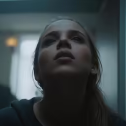 a woman looking up at something in the distance