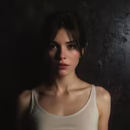 a woman is standing in the darkness and looking up