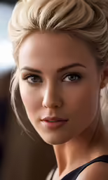 a young blond woman with a low bun hairstyle