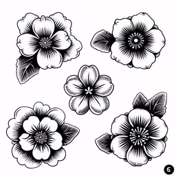 a flower set with four petals and four petals on each,an ink drawing of four black and white flowers