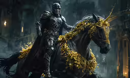 a knight on a horse in the rain