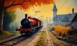 a painting of a train on the rails near a forest and old house,an oil painting of a train engine pulling train cars down the tracks