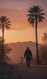 man walking alone in the sunset under palm trees