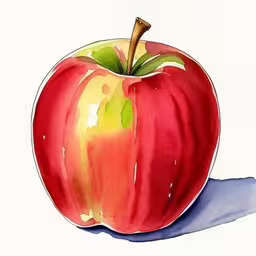 watercolor drawing of a red apple with green leaf,an apple on the ground, painted in watercolor