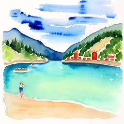 /tmp/FOOhUUxyL.jpg = a woman and child standing on the shore of a lake
,/tmp/FOOhUUxyL.jpg = a painting of people sitting on the beach
,/tmp/FOOhUUxyL.jpg = watercolor and pen drawings of a beach and trees
,/tmp/FOOhUUxyL.jpg = watercolor of a woman and boat by a lake with a blue sky
,/tmp/FOOhUUxyL.jpg = there is a man looking at the water with mountains in the background
,/tmp/FOOhUUxyL.jpg = a drawing of a woman on a beach and hills
,/tmp/FOOhUUxyL.jpg = a painting of a person standing on a shore
